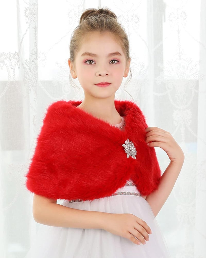 BXT Flower Girl Shawl Wrap, Kids Soft Red Faux Fur Princess Shoulder Cape for Wedding - Image 2
